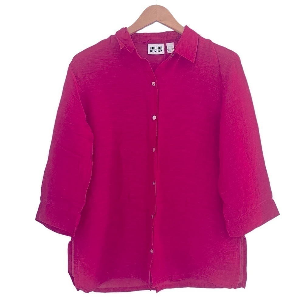 CHICO'S Linen Silk Blend Button Up Shirt Fuchsia 3/4 Sleeves Sz 1 Medium